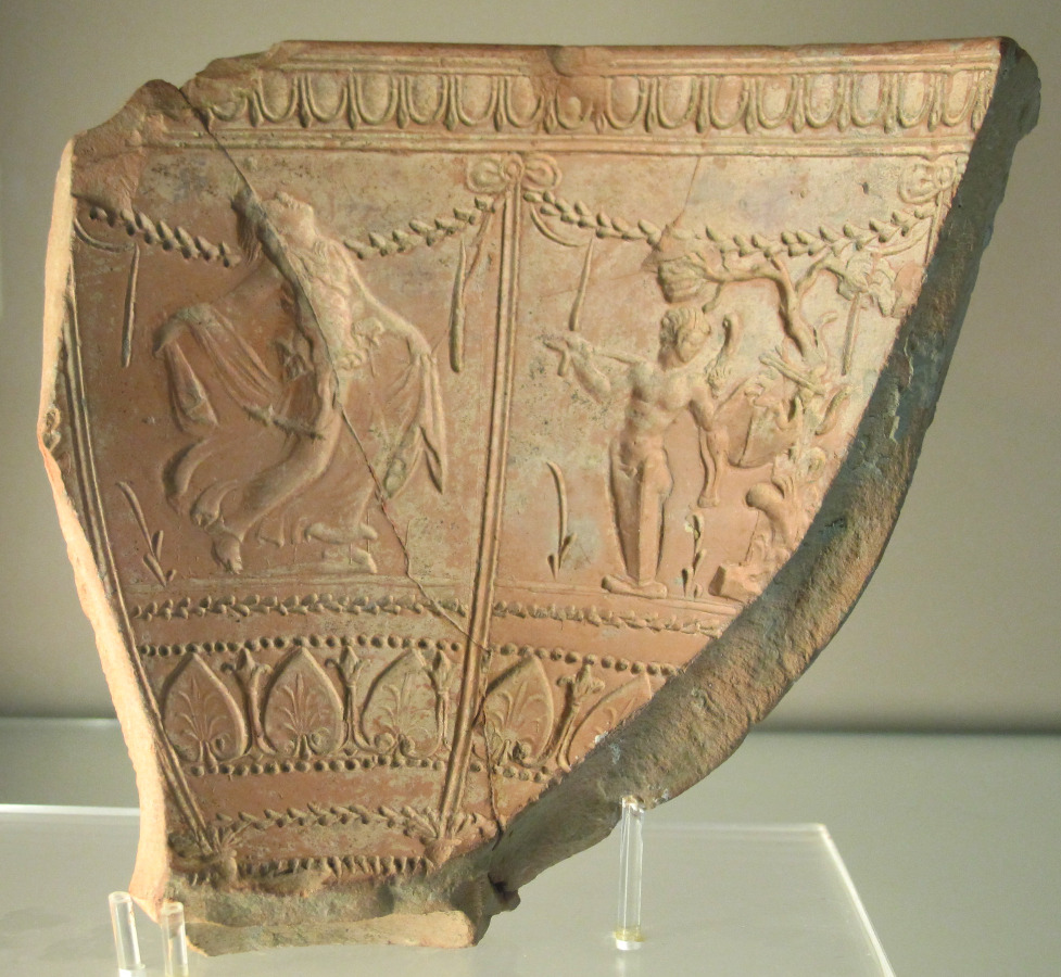 Fig. 3 - Un frammento di matrice decorata per la produzione di sigillata italica, Museo archeologico nazionale di Arezzo