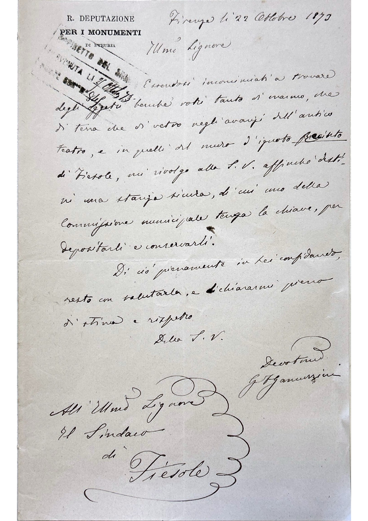 Lettera di Gian Francesco Gamurrini al sindaco di Fiesole, datata 22 ottobre 1873 